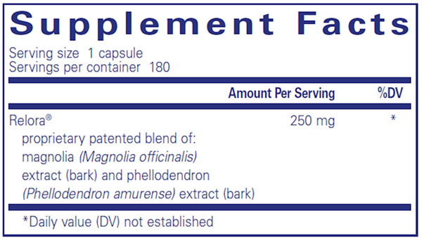 Relora 180 Count Supplement Facts Label
