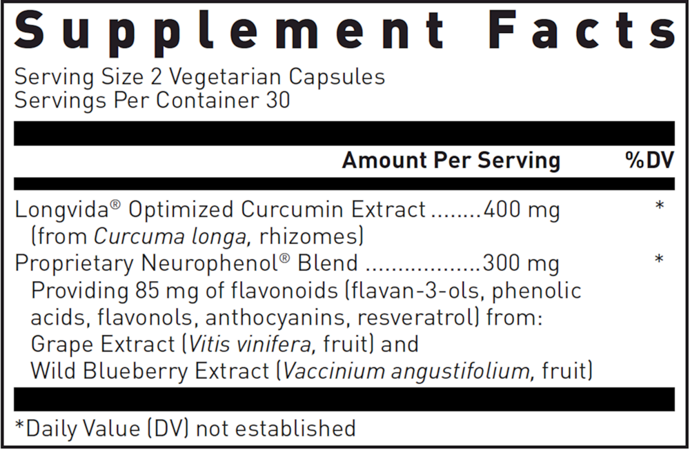 Optimized Curcumin with Neurophenol Supplement Facts Label