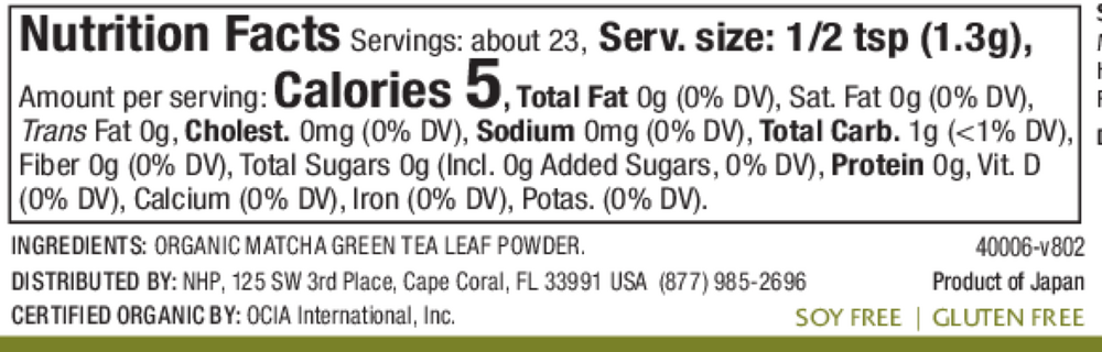 Organic Matcha Ceremonial Green Tea Supplement Facts Label