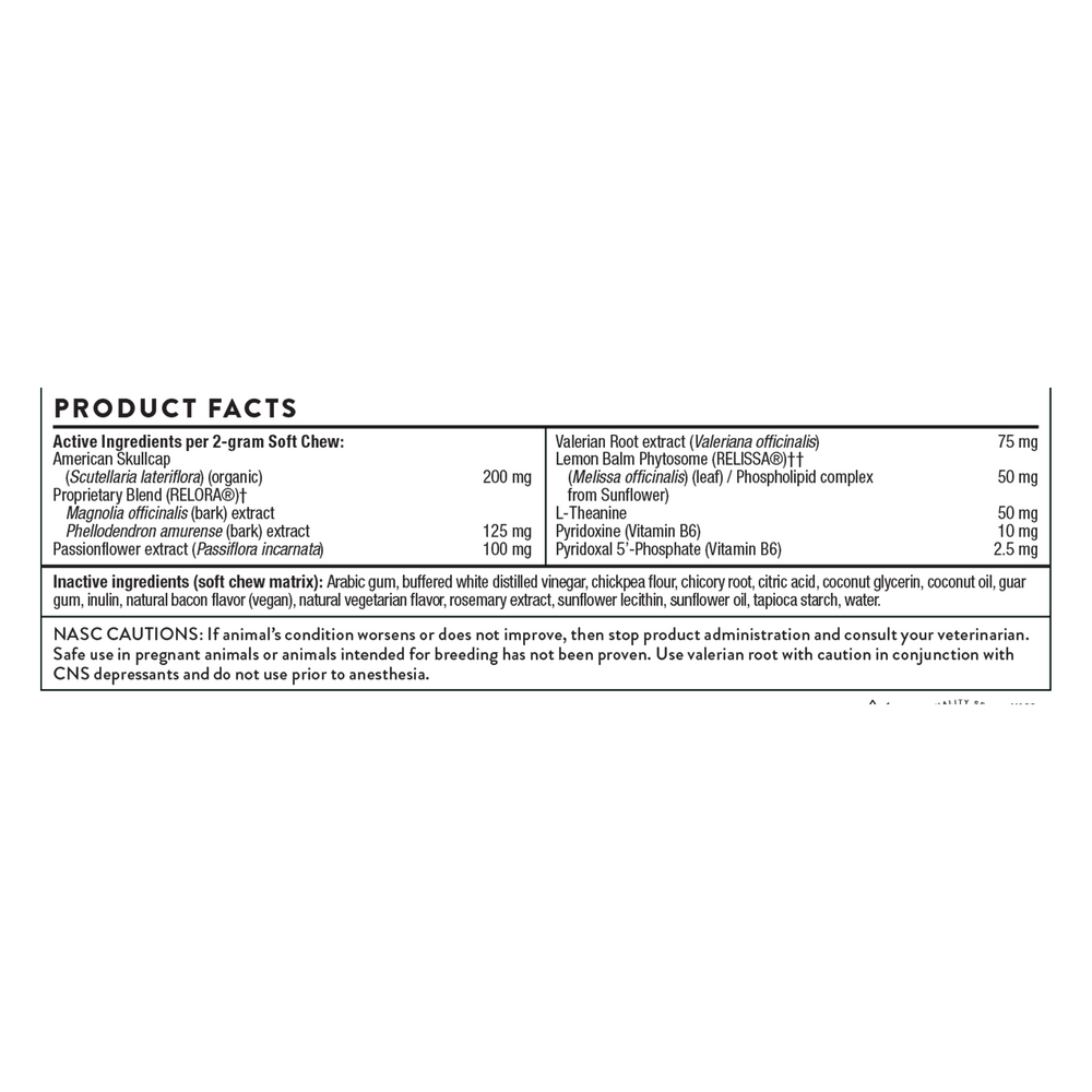 Peaceful Pet Supplement Facts Label