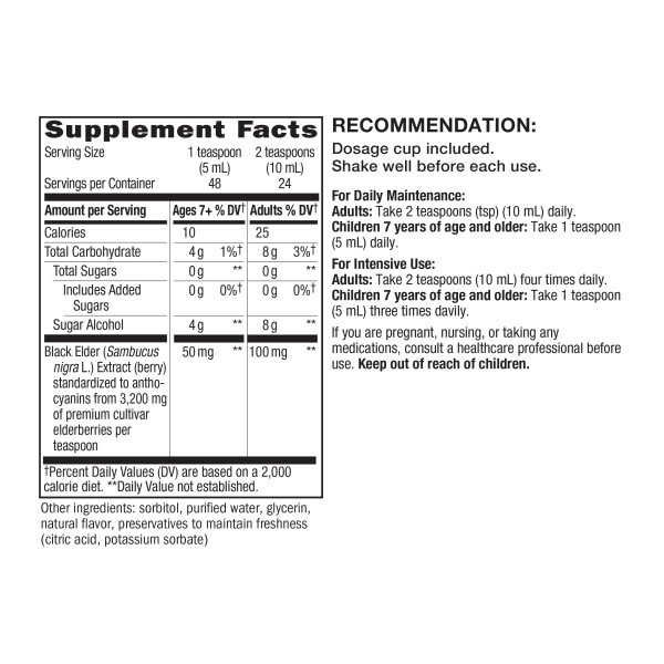 Sambucus Sugar-Free Syrup Supplement Facts Label