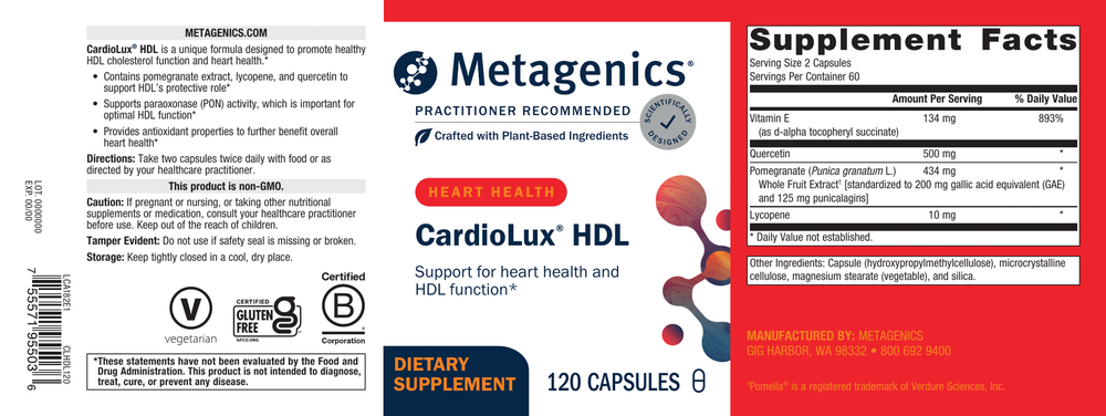 CardioLux HDL Supplement Facts Label