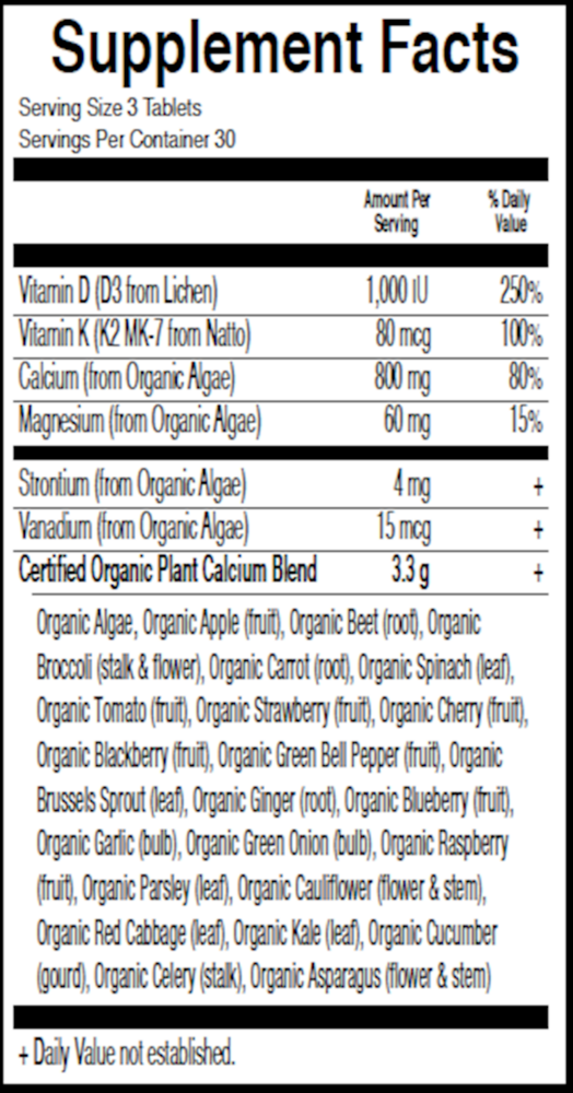 Plant Calcium Organic Supplement Facts Label