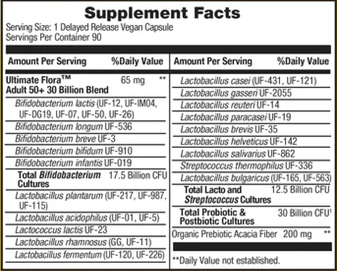Ultimate Flora Adult 50+ Supplement Facts Label