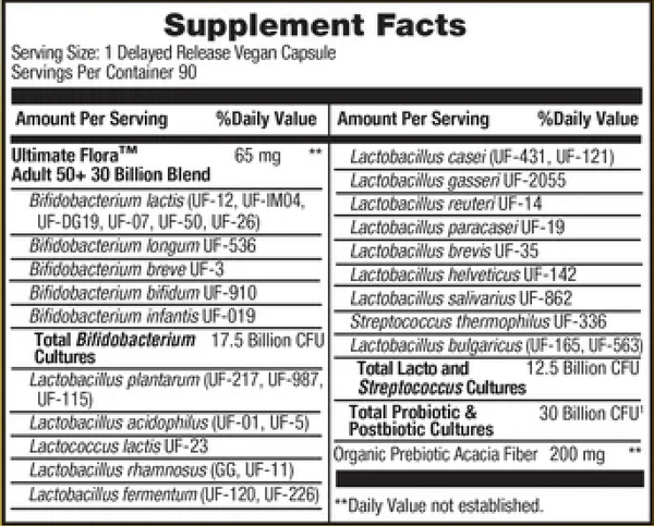 Ultimate Flora Adult 50+ Supplement Facts Label