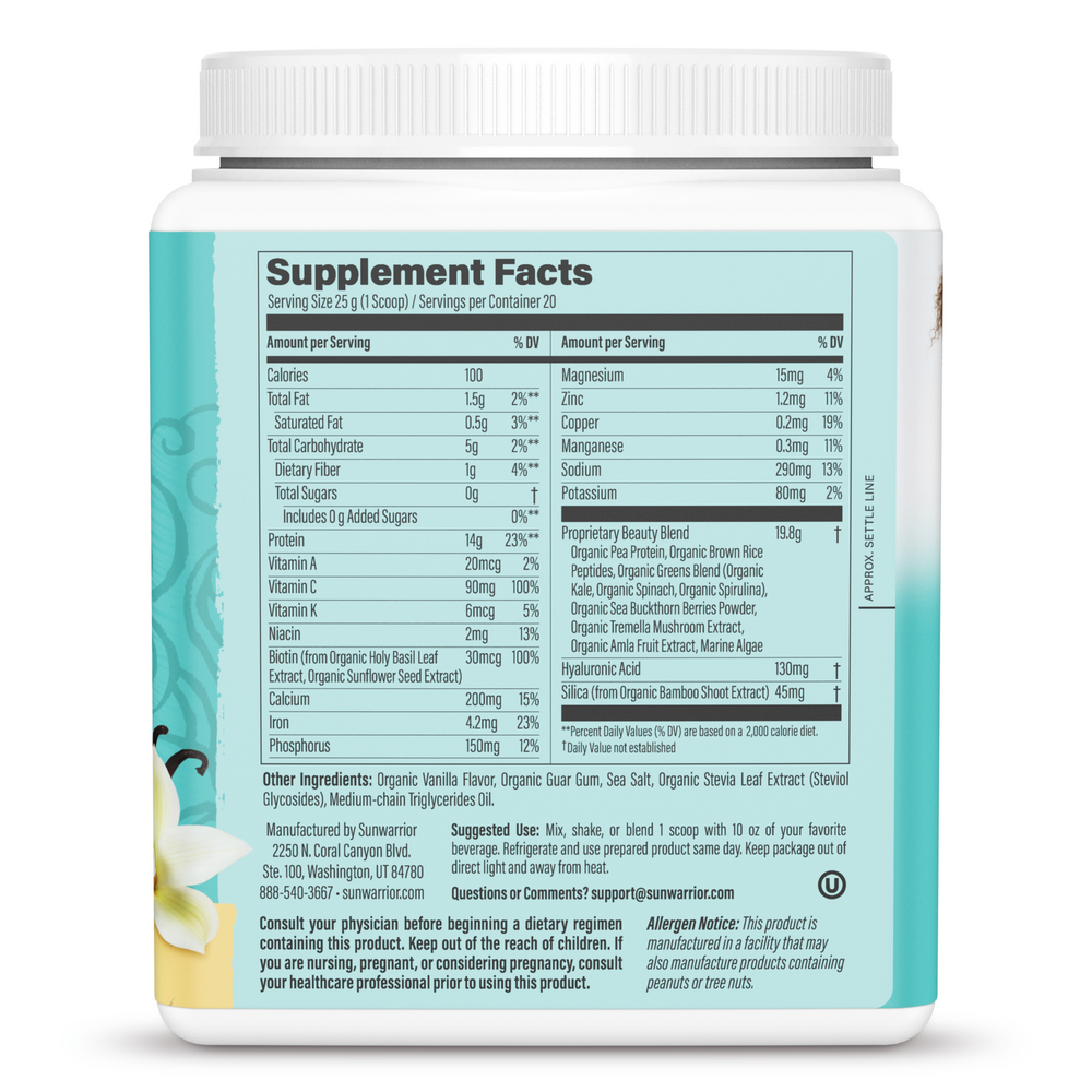 Collagen Plant Based Vanilla Supplement Facts Label