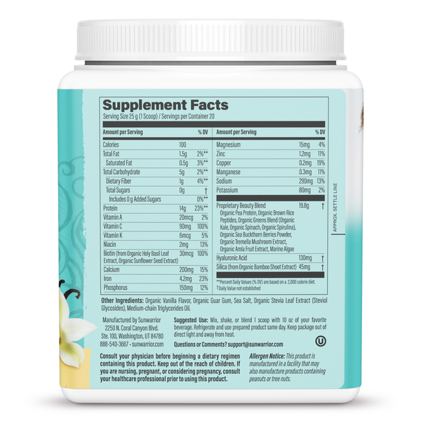 Collagen Plant Based Vanilla Supplement Facts Label