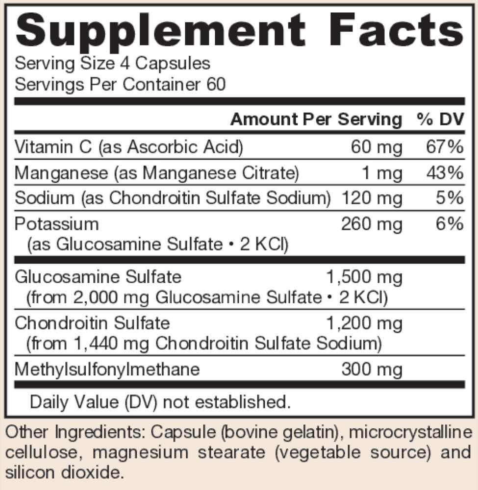 Glucosamine Chondroitin MSM 240 Count Supplement Facts Label