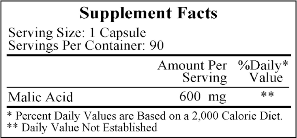 Malic Acid 600 mg Supplement Facts Label