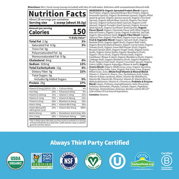 RAW Organic Meal Chocolate Supplement Facts Label