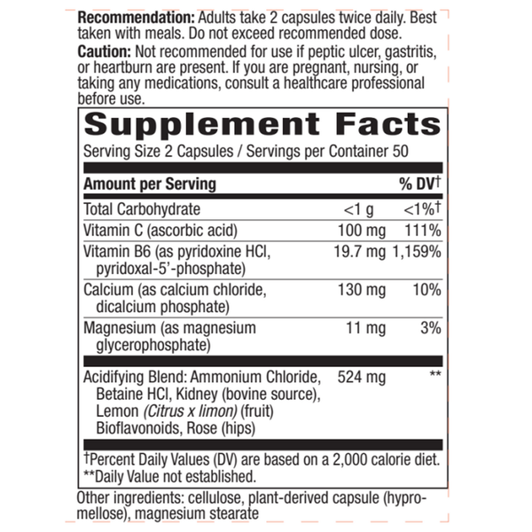 Acid-A-Cal Supplement Facts Label