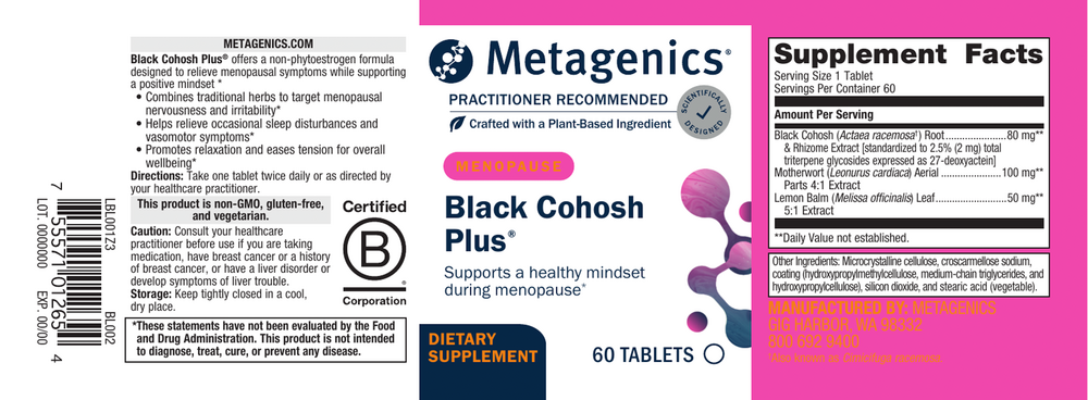 Black Cohosh Plus Supplement Facts Label