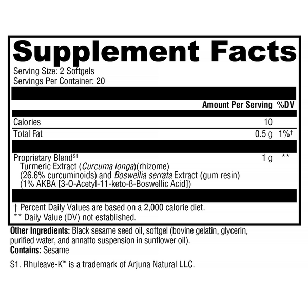 SynovX® Relief Supplement Facts Label