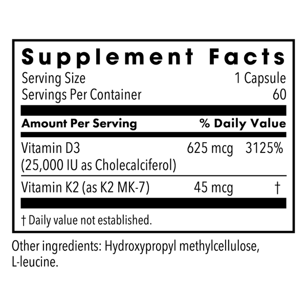 Vitamin D-3 with K2 MK-7 Supplement Facts Label