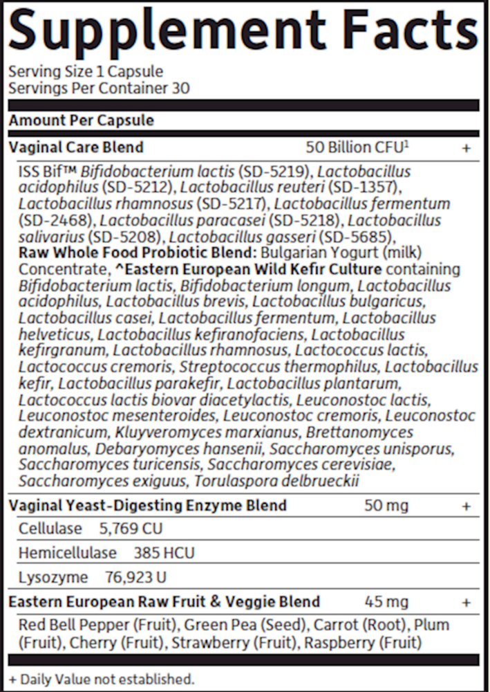 RAW Probiotics Vaginal Care Supplement Facts Label