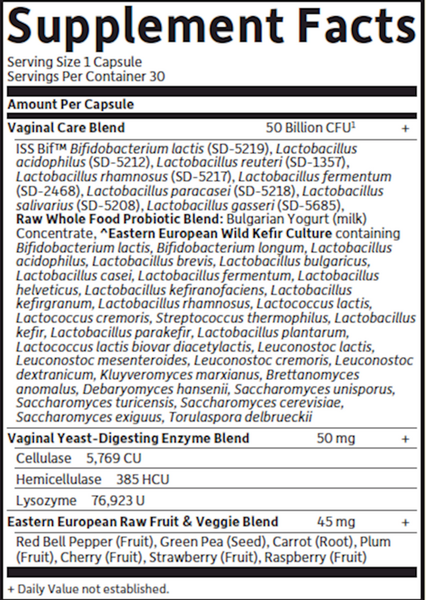RAW Probiotics Vaginal Care Supplement Facts Label