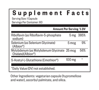 Glutathione with Cofactors (formerly Glutathione Plus) Supplement Facts Label