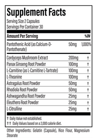 Adrenal Energy Supplement Facts Label