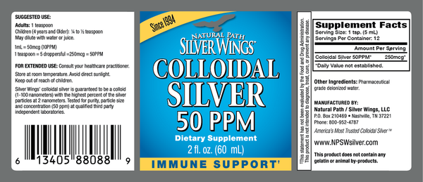 Colloidal Silver 50PPM Dropper Supplement Facts Label