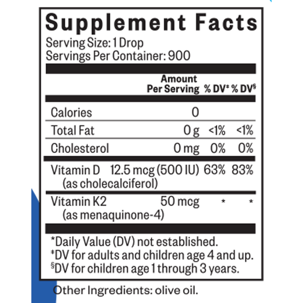 Vitamin D3 + K2 Drops Supplement Facts Label