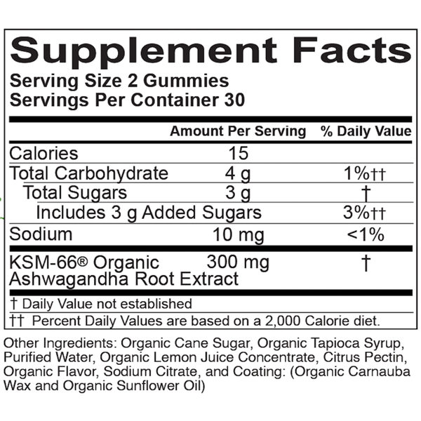 Organic Ashwagandha Gummies Supplement Facts Label