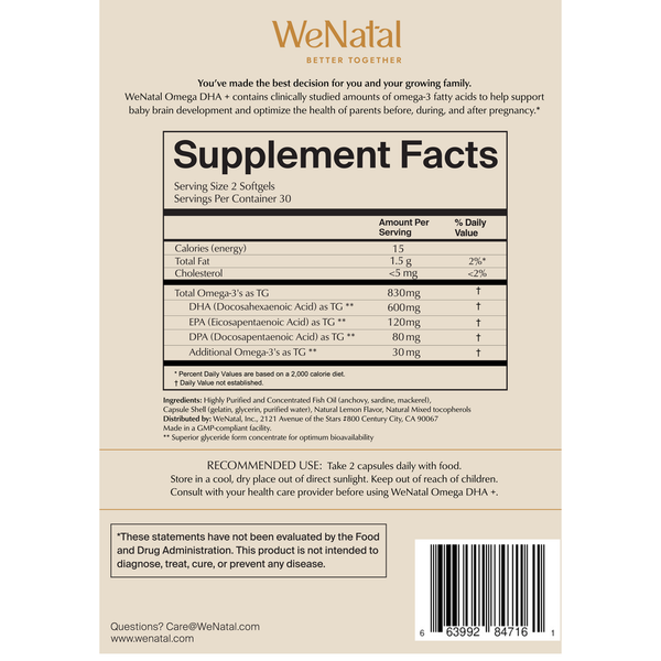 Omega DHA+ Supplement Facts Label