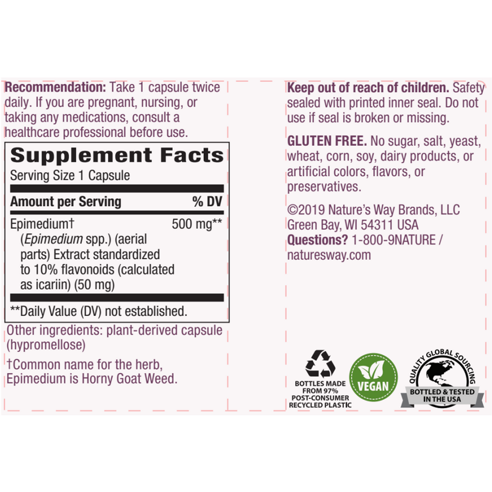 Horny Goat Weed (Std) 60 veg capsules Supplement Facts Label