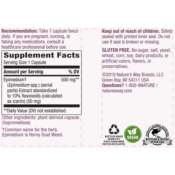 Horny Goat Weed (Std) 60 veg capsules Supplement Facts Label