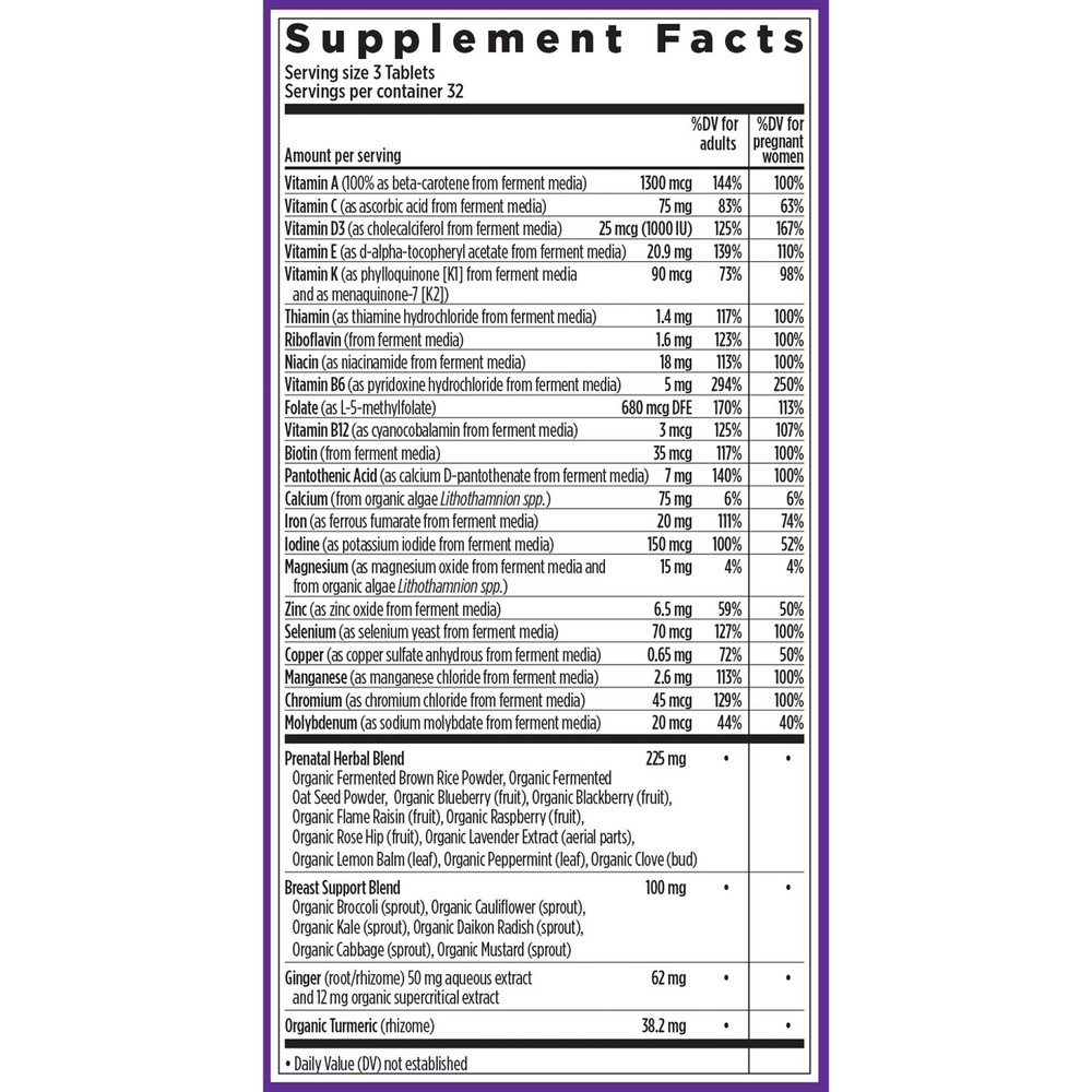 Advanced Perfect Prenatal 270 Tablets Supplement Facts Label