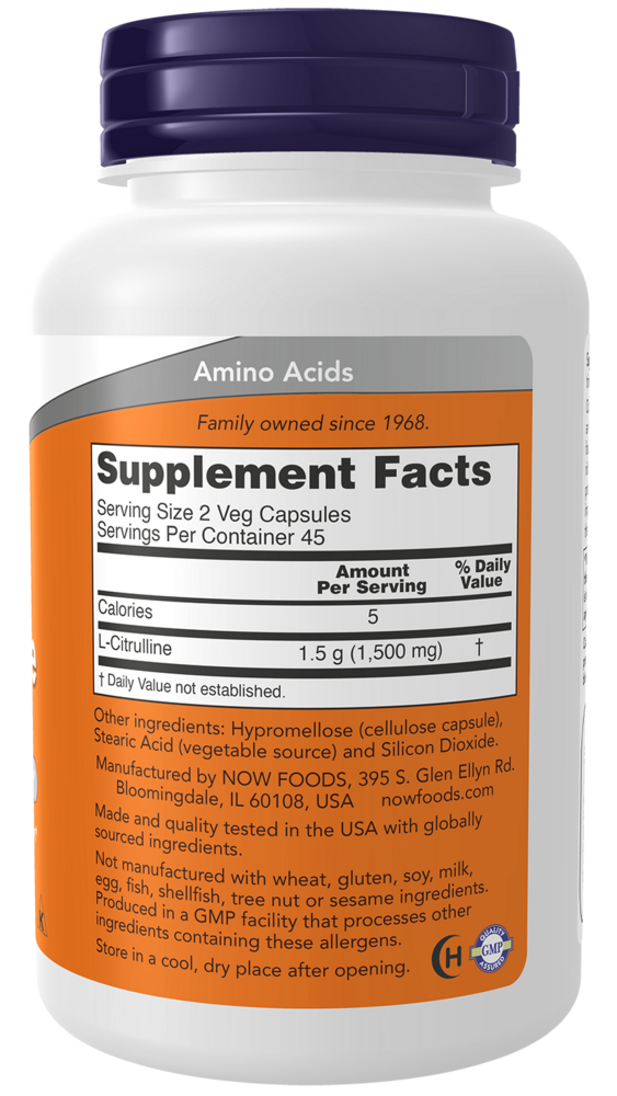L-Citrulline 750 mg - 90 Capsules Supplement Facts Label