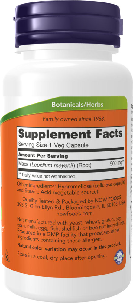 Maca 500 mg - 100 Capsules Supplement Facts Label
