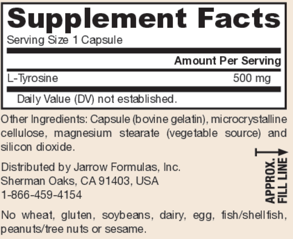 L-Tyrosine 500 mg Supplement Facts Label