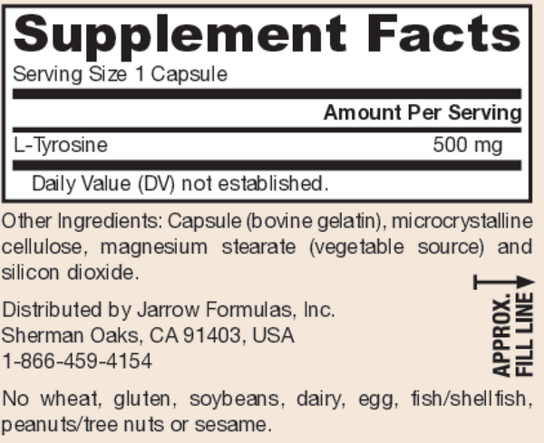 L-Tyrosine 500 mg Supplement Facts Label