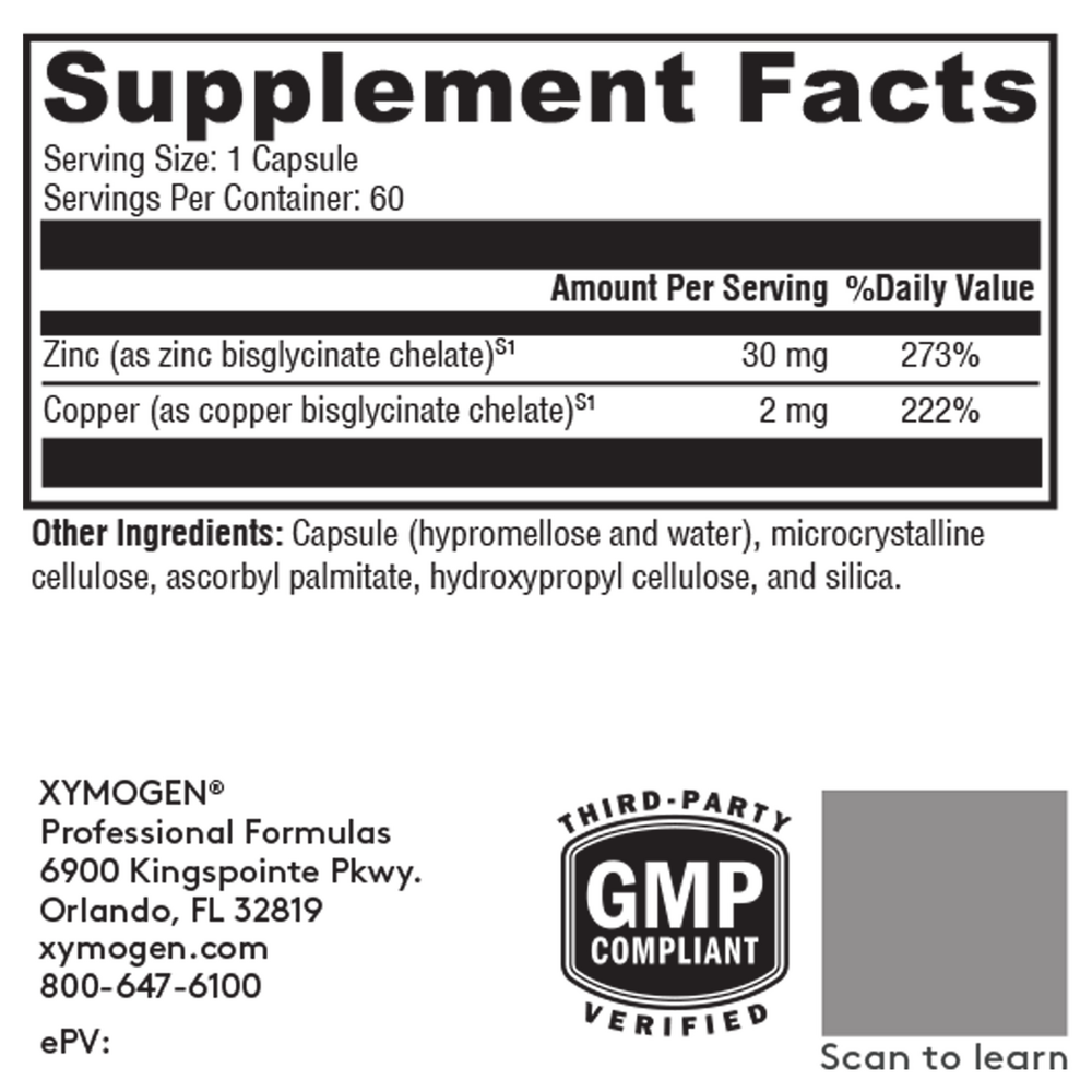 Zinc + Copper Supplement Facts Label