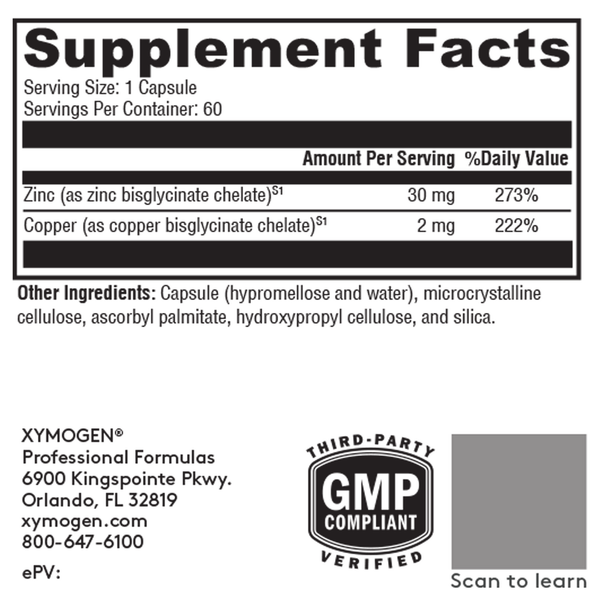 Zinc + Copper Supplement Facts Label