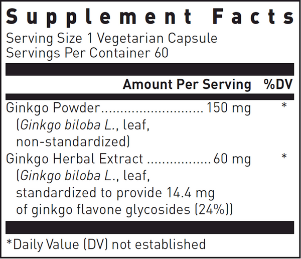 Ginkgo Biloba Max-V Supplement Facts Label
