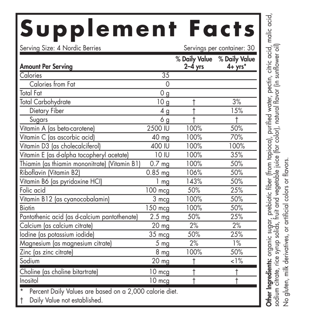 Nordic Berries 120 Gummies Cherry Berry Supplement Facts Label