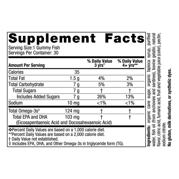 Nordic Omega-3 Gummy Fish 30 Gummies Tangerine Supplement Facts Label