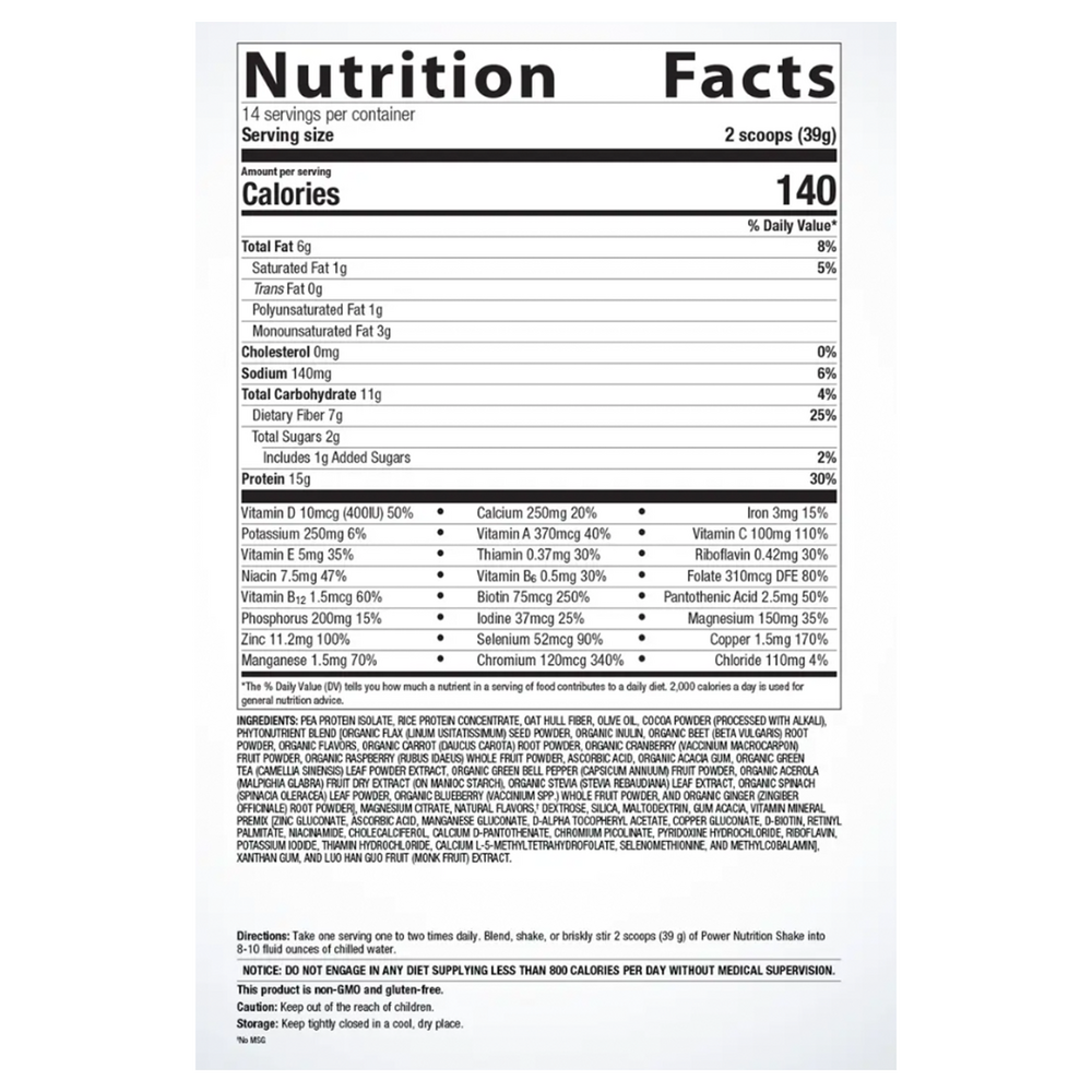 Power Nutrition Shake Supplement Facts Label