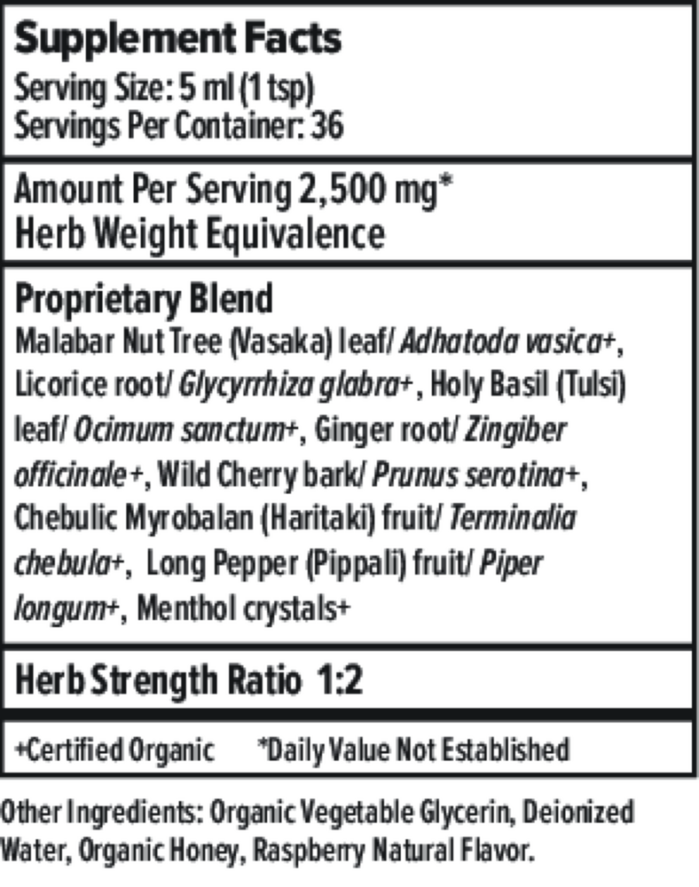 Bronchial Support Syrup Organic Supplement Facts Label