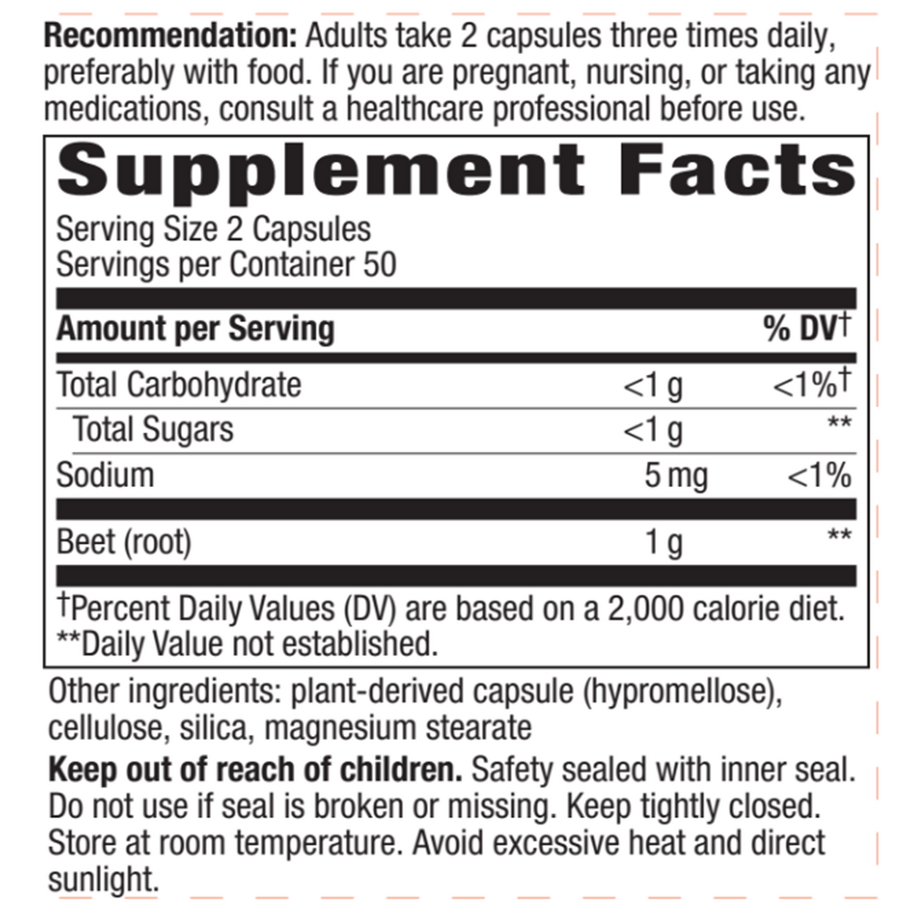 Beet Root 100 Caps Supplement Facts Label