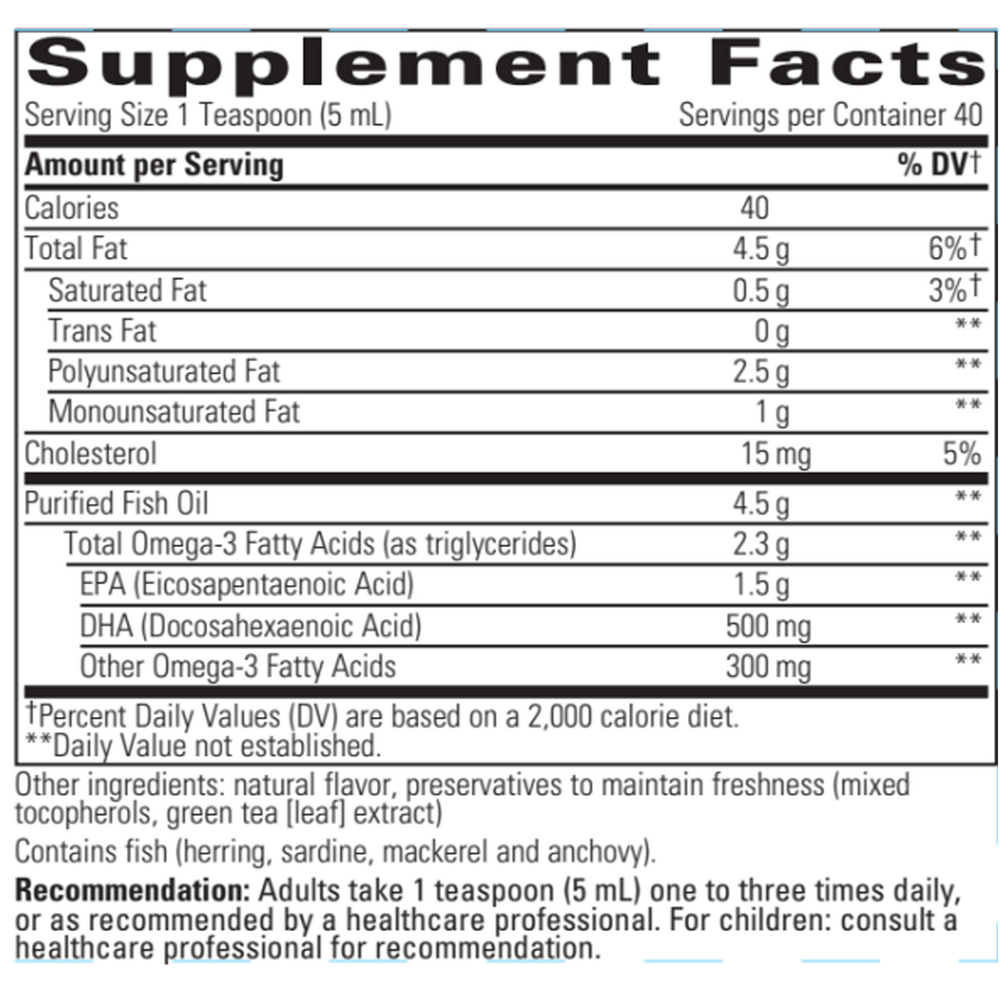 Pure Omega Liquid - High Potency Liquid Fish Oil Supplement Facts Label