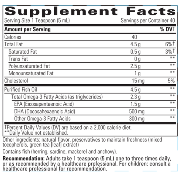 Pure Omega Liquid - High Potency Liquid Fish Oil Supplement Facts Label