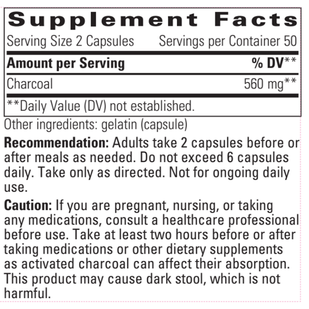 Activated Charcoal  - 100 capsule bottle Supplement Facts Label