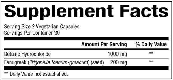 Betaine HCL with Fenugreek Supplement Facts Label