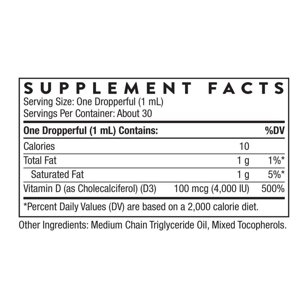 Vitamin D3 Liquid Supplement Facts Label