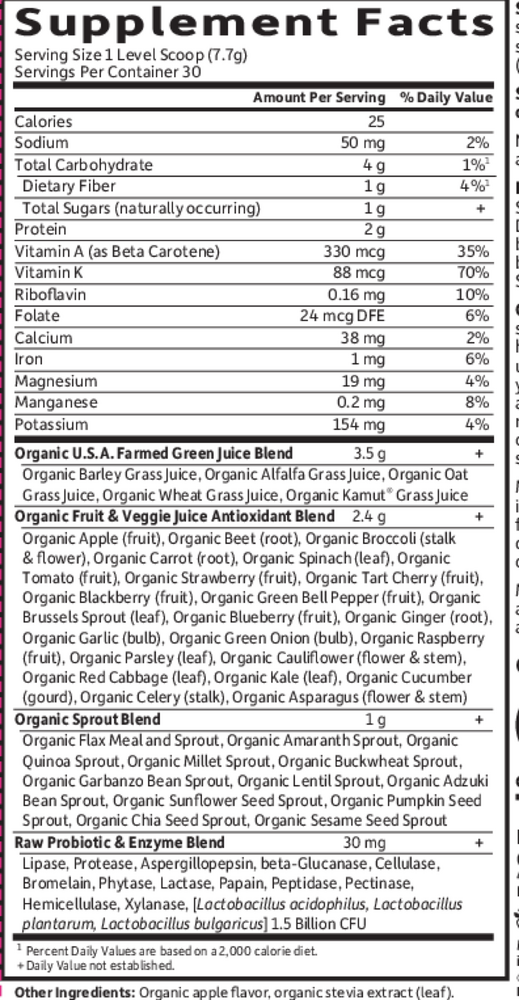Perfect Food RAW - Organic Apple Supplement Facts Label
