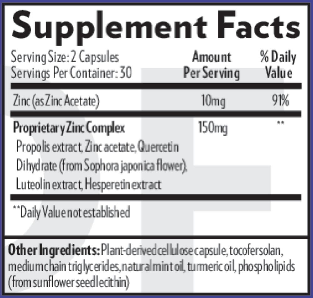 Immune Charge+* Zinc Ionophore Supplement Facts Label