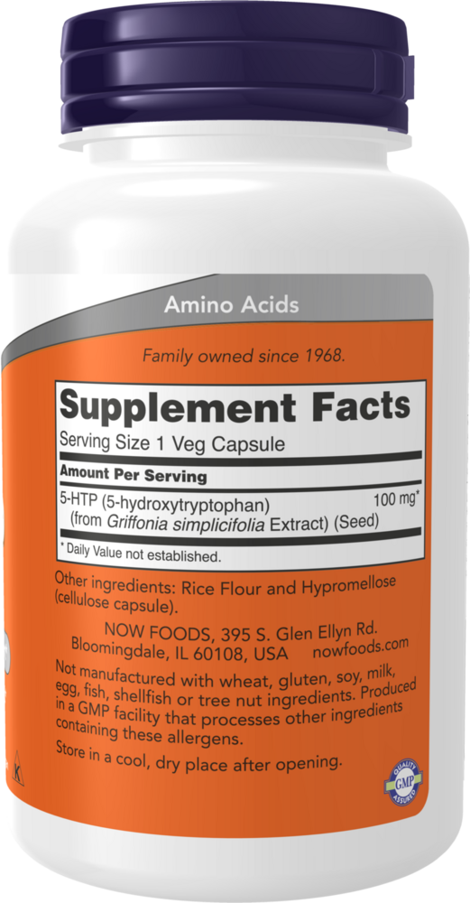 5-HTP 100 mg - 120 Capsules Supplement Facts Label