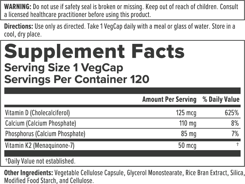 Vitamin D-3 & K-2 Supplement Facts Label